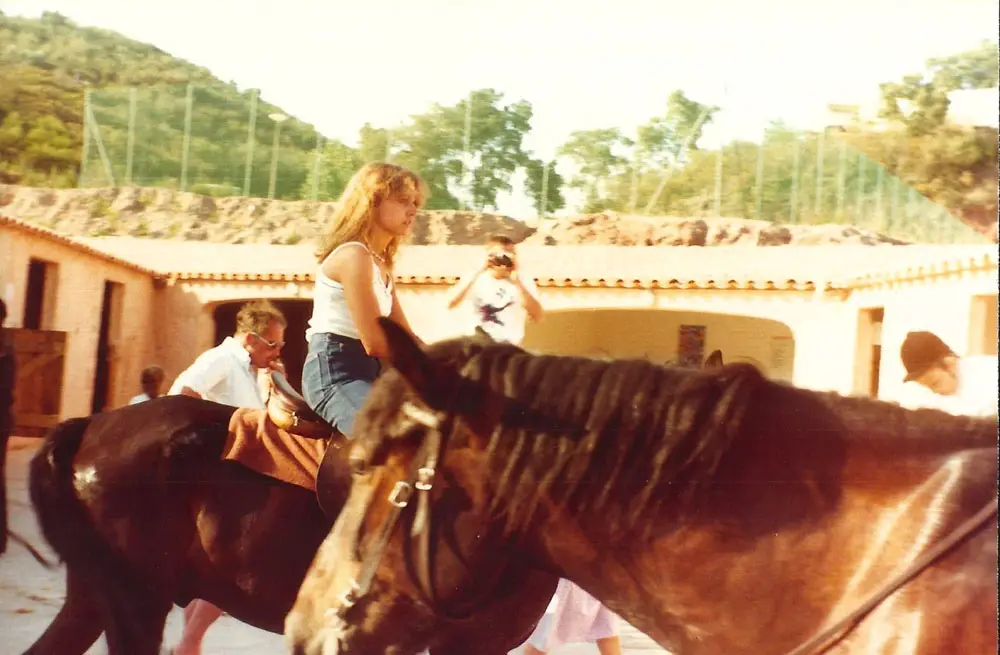 Young rider on horseback at the Esterel Caravaning ranch in the 1980s