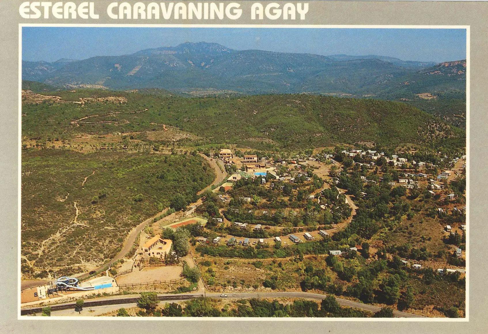 Vintage postcard of Esterel Caravaning in Agay, aerial view of the campsite among the hills