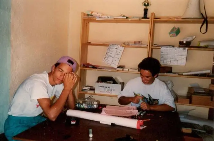 Two Esterel Caravaning entertainers preparing the programme in the office in 1993