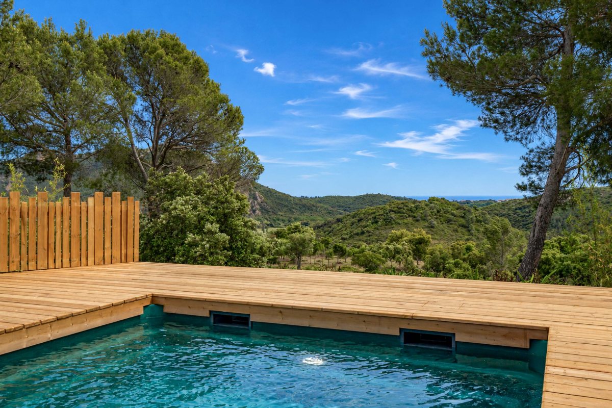 Private pool and wooden deck of a VIP home at Esterel Caravaning, overlooking the Esterel hills and the sea